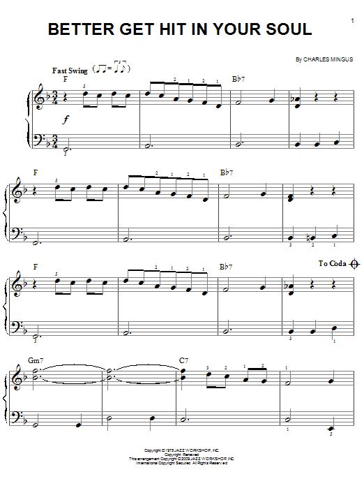 Preview Charles Mingus Better Get Hit In Your Soul Jazz sheet music, notes and chords for Easy Piano, SKU: 70039 Download Charles Mingus Better Get Hit In Your Soul sheet music and printable PDF score & Jazz music notes