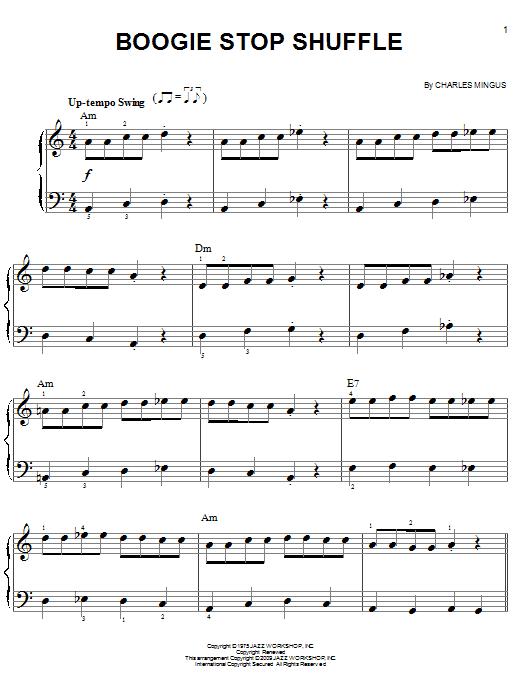 Preview Charles Mingus Boogie Stop Shuffle Jazz sheet music, notes and chords for Easy Piano, SKU: 70038 Download Charles Mingus Boogie Stop Shuffle sheet music and printable PDF score & Jazz music notes