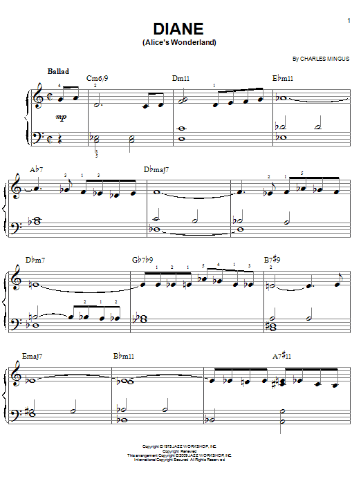 Preview Charles Mingus Diane (Alice's Wonderland) Jazz sheet music, notes and chords for Easy Piano, SKU: 82282 Download Charles Mingus Diane (Alice's Wonderland) sheet music and printable PDF score & Jazz music notes