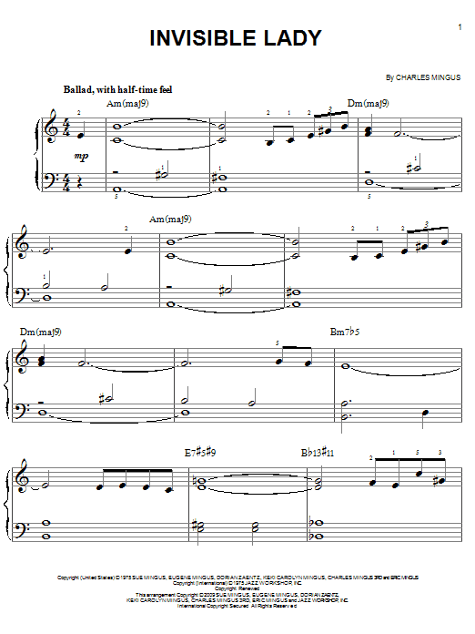 Preview Charles Mingus Invisible Lady Jazz sheet music, notes and chords for Easy Piano, SKU: 70041 Download Charles Mingus Invisible Lady sheet music and printable PDF score & Jazz music notes