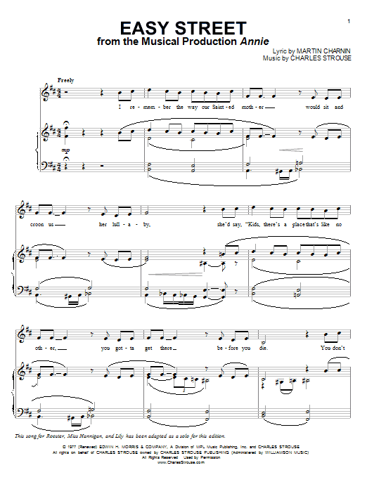 Preview Charles Strouse Easy Street Musicals sheet music, notes and chords for Piano, Vocal & Guitar (Right-Hand Melody), SKU: 63177 sheet music, piano notes, chords, guitar tabs, score, transpose, transcribe, how to play, guide, download, learn, tutorial, progression, song, artist, awards, billboard, mtv, vh1, tour, single, album, release
