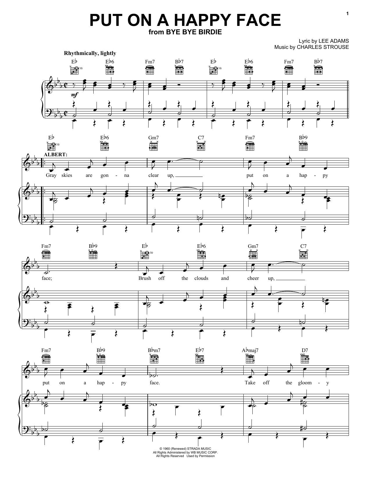 Preview Charles Strouse Put On A Happy Face Broadway sheet music, notes and chords for Easy Piano, SKU: 76350 Download Charles Strouse Put On A Happy Face sheet music and printable PDF score & Broadway music notes