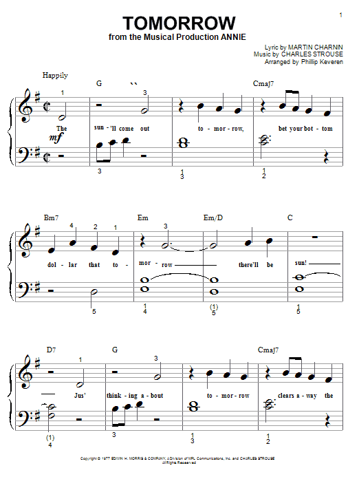Preview Charles Strouse Tomorrow (from Annie) Broadway sheet music, notes and chords for Piano (Big Notes), SKU: 21966 sheet music, piano notes, chords, guitar tabs, score, transpose, transcribe, how to play, guide, download, learn, tutorial, progression, song, artist, awards, billboard, mtv, vh1, tour, single, album, release