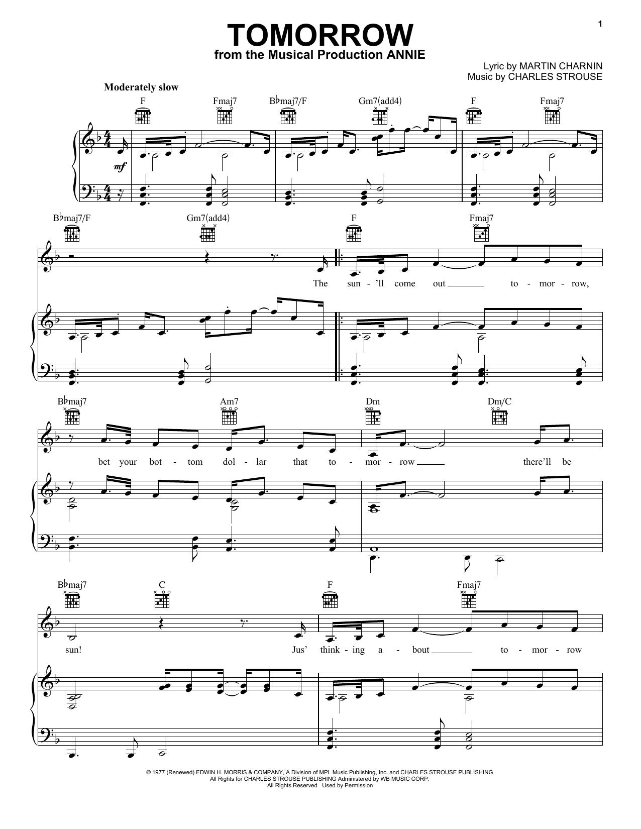 Preview Charles Strouse Tomorrow Musicals sheet music, notes and chords for Piano, SKU: 17888 sheet music, piano notes, chords, guitar tabs, score, transpose, transcribe, how to play, guide, download, learn, tutorial, progression, song, artist, awards, billboard, mtv, vh1, tour, single, album, release