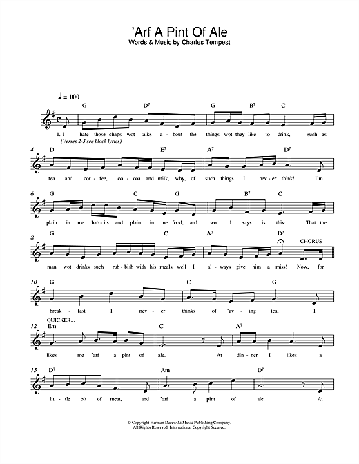 Preview Charles Tempest 'Arf A Pint Of Ale Traditional sheet music, notes and chords for Melody Line, Lyrics & Chords, SKU: 107989 sheet music, piano notes, chords, guitar tabs, score, transpose, transcribe, how to play, guide, download, learn, tutorial, progression, song, artist, awards, billboard, mtv, vh1, tour, single, album, release