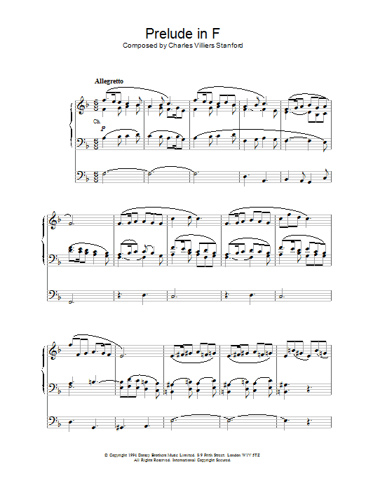 Preview Charles Villiers Stanford Prelude in F Classical sheet music, notes and chords for Organ, SKU: 18544 Download Charles Villiers Stanford Prelude in F sheet music and printable PDF score & Classical music notes