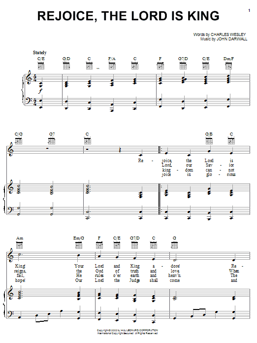 Preview Charles Wesley Rejoice, The Lord Is King Hymn sheet music, notes and chords for Piano (Big Notes), SKU: 51724 Download Charles Wesley Rejoice, The Lord Is King sheet music and printable PDF score & Hymn music notes