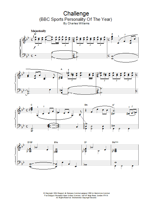 Preview Charles Williams Challenge (BBC Sports Personality Of The Year) Film and TV sheet music, notes and chords for Piano, SKU: 18575 Download Charles Williams Challenge (BBC Sports Personality Of The Year) sheet music and printable PDF score & Film and TV music notes
