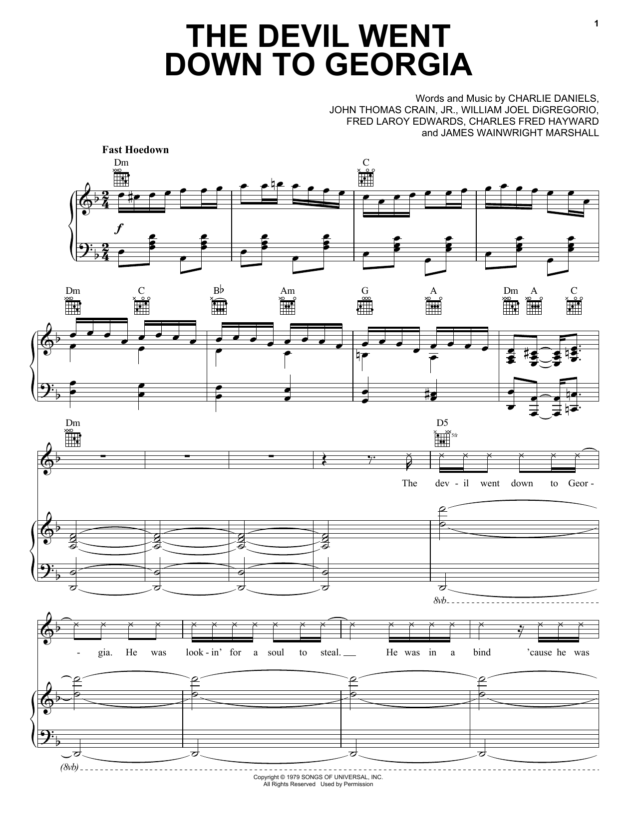 Download Charlie Daniels Band The Devil Went Down To Georgia sheet music and printable PDF score & Pop music notes