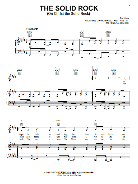 Preview Charlie Hall The Solid Rock (On Christ The Solid Rock) Pop sheet music, notes and chords for Piano, Vocal & Guitar (Right-Hand Melody), SKU: 70045 Download Charlie Hall The Solid Rock (On Christ The Solid Rock) sheet music and printable PDF score & Pop music notes