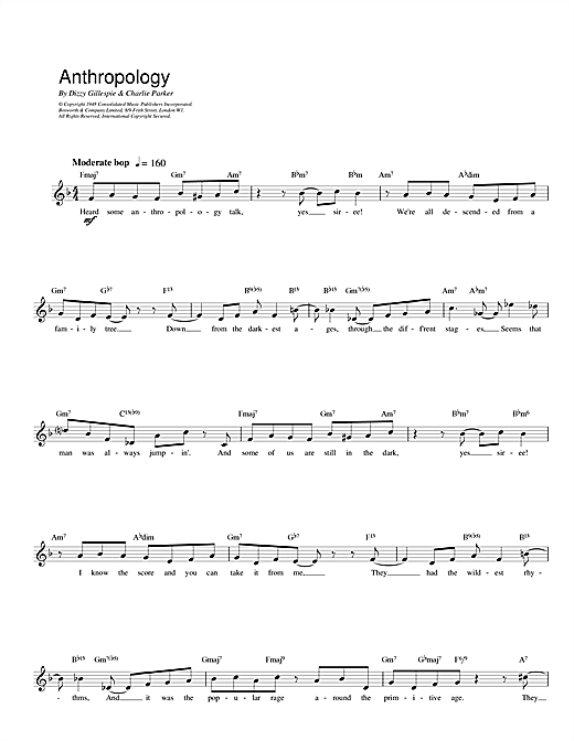 Preview Charlie Parker Anthropology Jazz sheet music, notes and chords for Melody Line, Lyrics & Chords, SKU: 13944 Download Charlie Parker Anthropology sheet music and printable PDF score & Jazz music notes