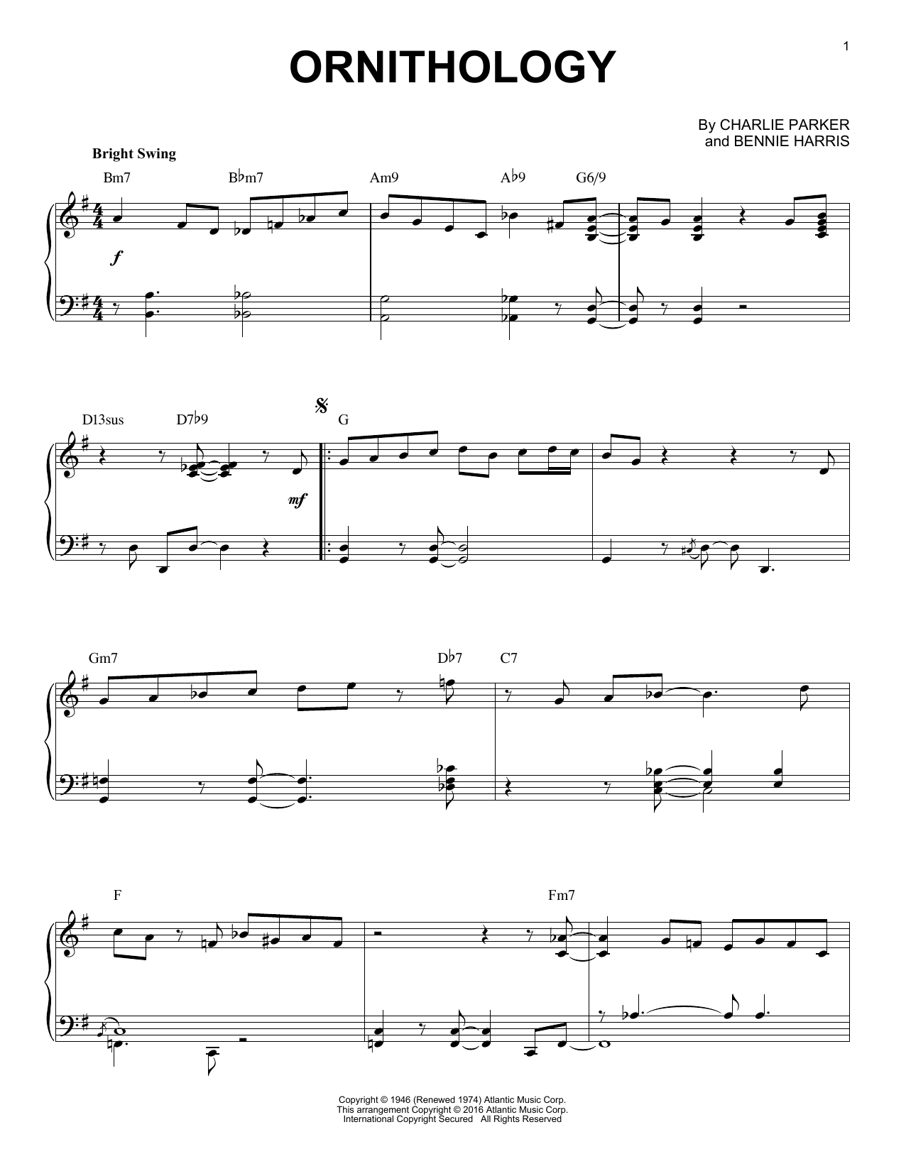 Preview Charlie Parker Ornithology (arr. Brent Edstrom) Jazz sheet music, notes and chords for Piano, SKU: 164639 Download Charlie Parker Ornithology (arr. Brent Edstrom) sheet music and printable PDF score & Jazz music notes
