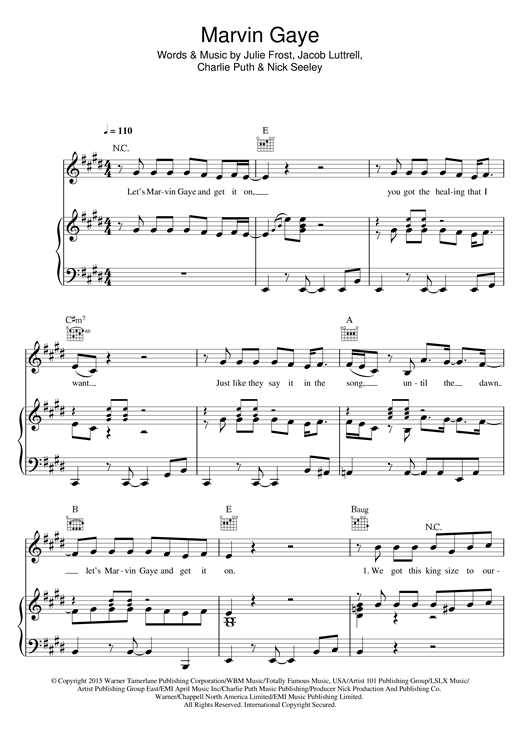 Preview Charlie Puth Marvin Gaye (feat. Meghan Trainor) Pop sheet music, notes and chords for Piano, Vocal & Guitar (Right-Hand Melody), SKU: 121522 sheet music, piano notes, chords, guitar tabs, score, transpose, transcribe, how to play, guide, download, learn, tutorial, progression, song, artist, awards, billboard, mtv, vh1, tour, single, album, release