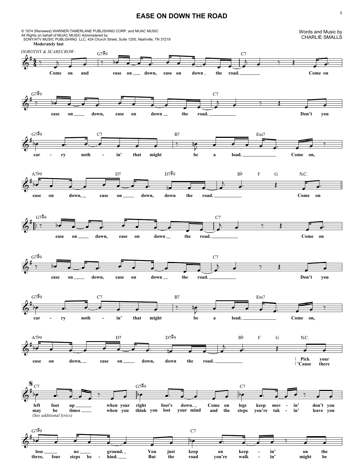 Preview Charlie Smalls Ease On Down The Road Jazz sheet music, notes and chords for Real Book – Melody & Chords, SKU: 457094 Download Charlie Smalls Ease On Down The Road sheet music and printable PDF score & Jazz music notes
