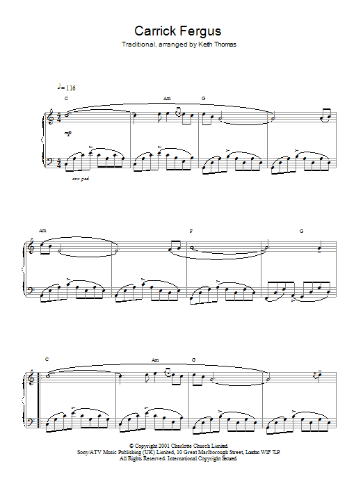Preview Charlotte Church Carrick Fergus Post-1900 sheet music, notes and chords for Piano, Vocal & Guitar (Right-Hand Melody), SKU: 21679 Download Charlotte Church Carrick Fergus sheet music and printable PDF score & Post-1900 music notes