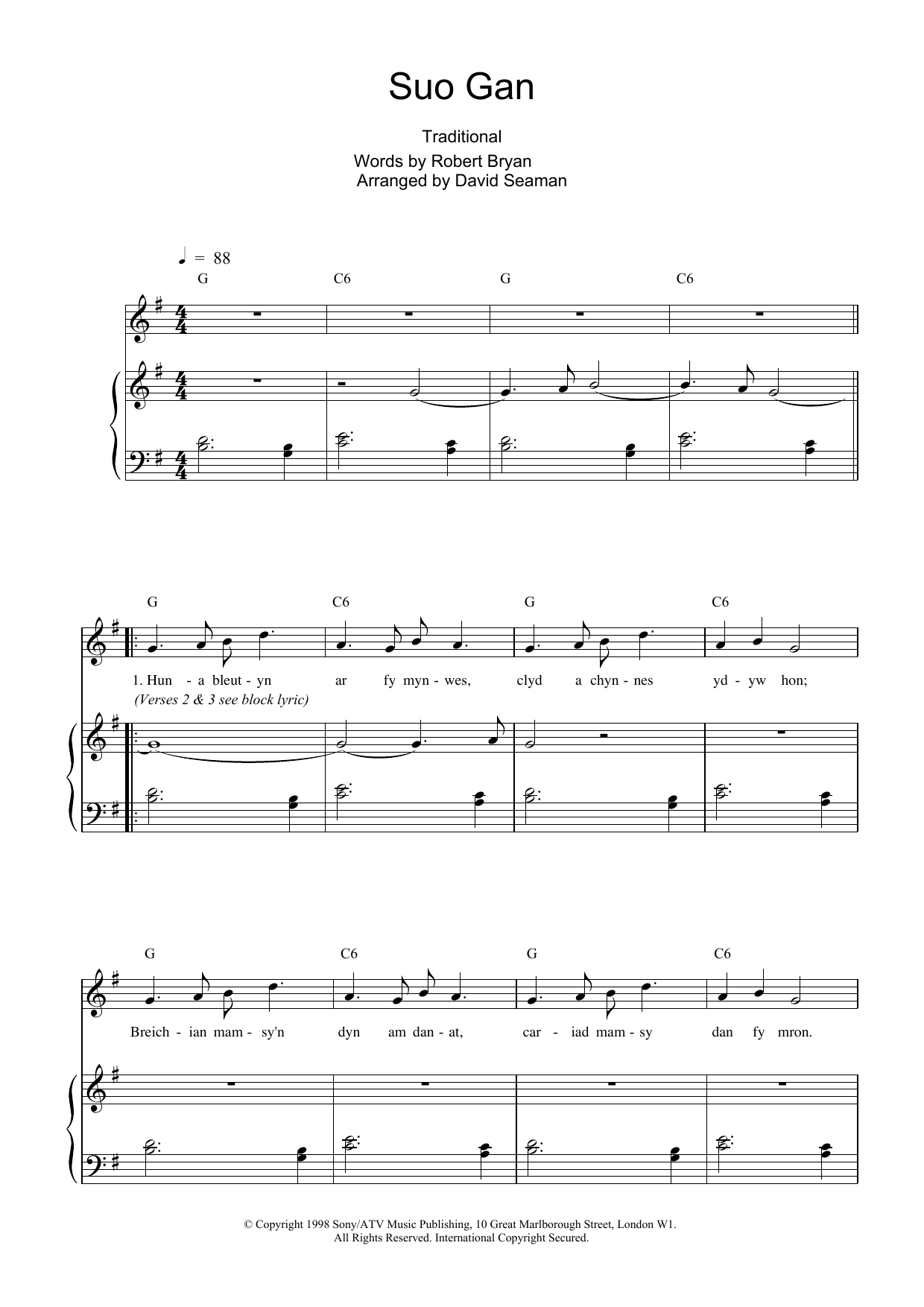 Preview Charlotte Church Suo Gan Post-1900 sheet music, notes and chords for Piano, Vocal & Guitar, SKU: 17469 Download Charlotte Church Suo Gan sheet music and printable PDF score & Post-1900 music notes