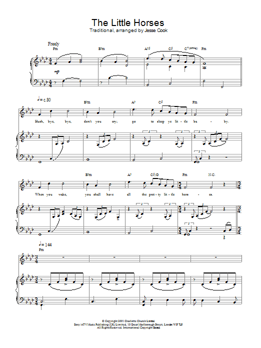Preview Charlotte Church The Little Horses Post-1900 sheet music, notes and chords for Piano, Vocal & Guitar, SKU: 21676 Download Charlotte Church The Little Horses sheet music and printable PDF score & Post-1900 music notes