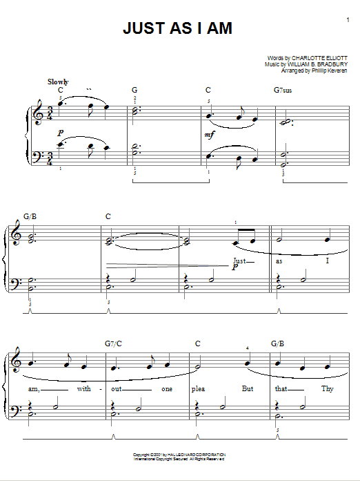 Preview Charlotte Elliott Just As I Am Hymn sheet music, notes and chords for Lyrics & Chords, SKU: 82398 Download Charlotte Elliott Just As I Am sheet music and printable PDF score & Hymn music notes