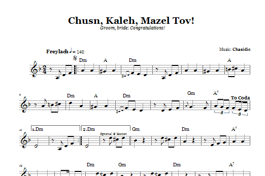 Preview Chasidic Chusn, Kaleh, Mazal Tov! (Groom, Bride: Congratulations!) Religious sheet music, notes and chords for Melody Line, Lyrics & Chords, SKU: 66560 Download Chasidic Chusn, Kaleh, Mazal Tov! (Groom, Bride: Congratulations!) sheet music and printable PDF score & Religious music notes