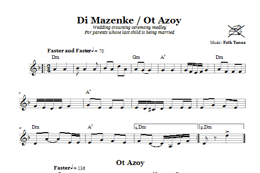 Preview Chasidic Di Mazinke/Ot Azoy (Wedding Crowning Ceremony Medley) Religious sheet music, notes and chords for Melody Line, Lyrics & Chords, SKU: 66551 Download Chasidic Di Mazinke/Ot Azoy (Wedding Crowning Ceremony Medley) sheet music and printable PDF score & Religious music notes