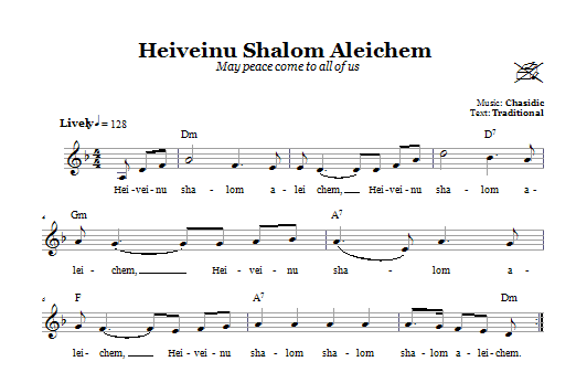 Preview Chasidic Heiveinu Shalom Aleichem (May Peace Come To All Of You) Religious sheet music, notes and chords for Melody Line, Lyrics & Chords, SKU: 66597 Download Chasidic Heiveinu Shalom Aleichem (May Peace Come To All Of You) sheet music and printable PDF score & Religious music notes