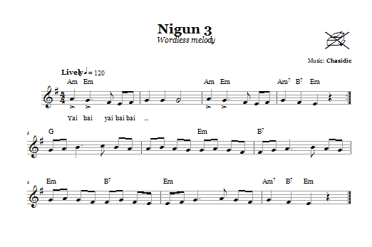 Preview Chasidic Nigun 3 (Wordless Melody) Religious sheet music, notes and chords for Melody Line, Lyrics & Chords, SKU: 66605 Download Chasidic Nigun 3 (Wordless Melody) sheet music and printable PDF score & Religious music notes