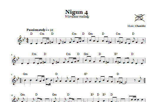 Preview Chasidic Nigun 4 (Wordless Melody) Religious sheet music, notes and chords for Melody Line, Lyrics & Chords, SKU: 66622 Download Chasidic Nigun 4 (Wordless Melody) sheet music and printable PDF score & Religious music notes