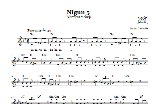 Preview Chasidic Nigun 5 (Wordless Melody) Religious sheet music, notes and chords for Melody Line, Lyrics & Chords, SKU: 66600 Download Chasidic Nigun 5 (Wordless Melody) sheet music and printable PDF score & Religious music notes