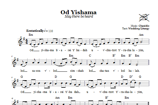 Preview Chasidic Od Yishama (May There Be Heard Again) Religious sheet music, notes and chords for Melody Line, Lyrics & Chords, SKU: 66604 Download Chasidic Od Yishama (May There Be Heard Again) sheet music and printable PDF score & Religious music notes