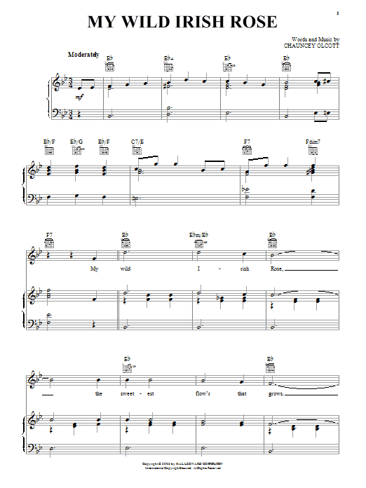Preview Chauncey Olcott My Wild Irish Rose World sheet music, notes and chords for Piano, Vocal & Guitar (Right-Hand Melody), SKU: 16669 sheet music, piano notes, chords, guitar tabs, score, transpose, transcribe, how to play, guide, download, learn, tutorial, progression, song, artist, awards, billboard, mtv, vh1, tour, single, album, release