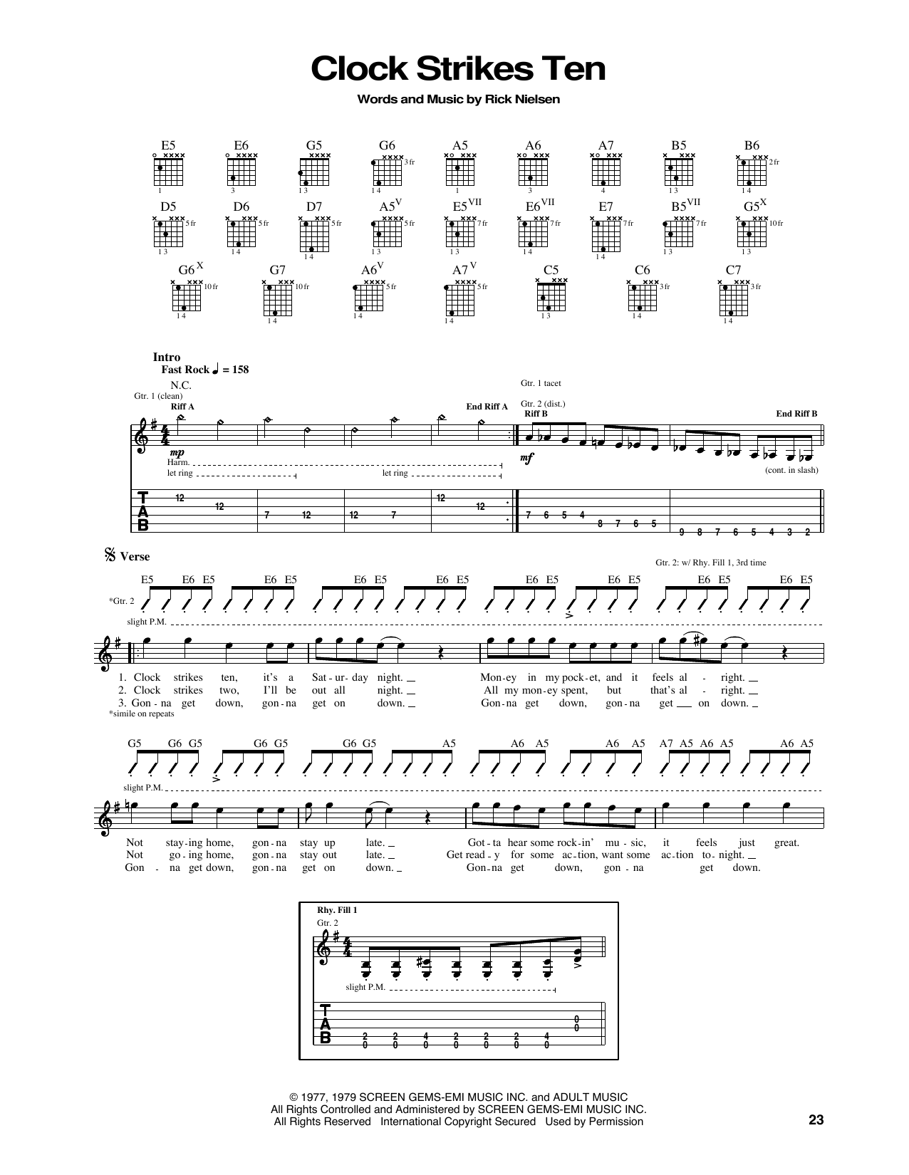 Preview Cheap Trick Clock Strikes Ten Rock sheet music, notes and chords for Guitar Tab, SKU: 160619 sheet music, piano notes, chords, guitar tabs, score, transpose, transcribe, how to play, guide, download, learn, tutorial, progression, song, artist, awards, billboard, mtv, vh1, tour, single, album, release