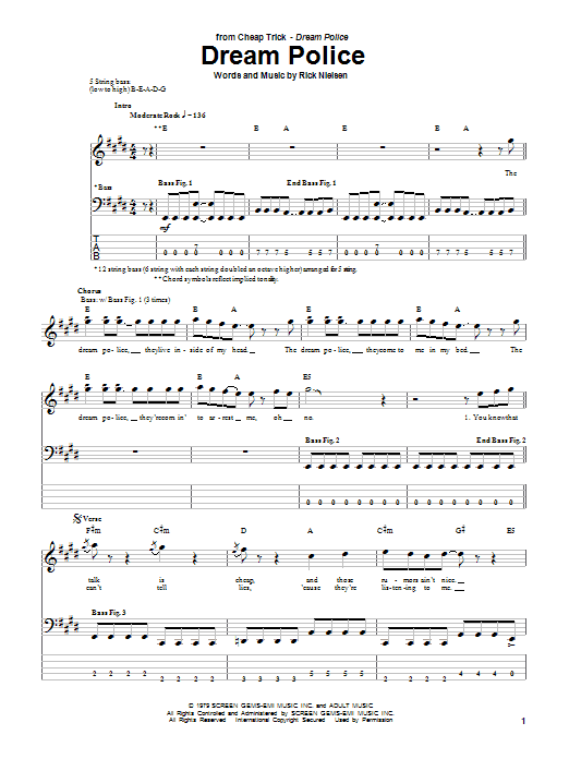 Preview Cheap Trick Dream Police Rock sheet music, notes and chords for Guitar Tab, SKU: 160630 sheet music, piano notes, chords, guitar tabs, score, transpose, transcribe, how to play, guide, download, learn, tutorial, progression, song, artist, awards, billboard, mtv, vh1, tour, single, album, release
