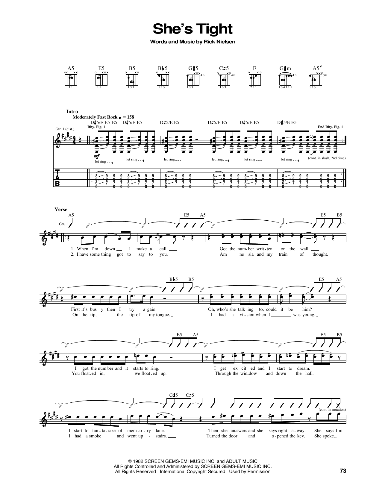 Preview Cheap Trick She's Tight Rock sheet music, notes and chords for Guitar Tab, SKU: 160624 sheet music, piano notes, chords, guitar tabs, score, transpose, transcribe, how to play, guide, download, learn, tutorial, progression, song, artist, awards, billboard, mtv, vh1, tour, single, album, release