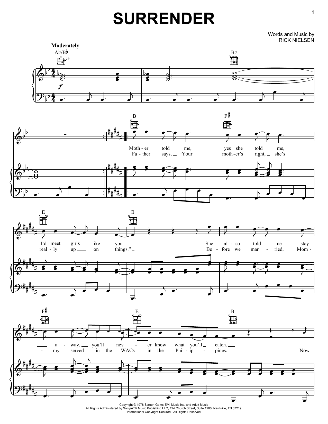 Preview Cheap Trick Surrender Rock sheet music, notes and chords for Guitar Tab, SKU: 62609 sheet music, piano notes, chords, guitar tabs, score, transpose, transcribe, how to play, guide, download, learn, tutorial, progression, song, artist, awards, billboard, mtv, vh1, tour, single, album, release