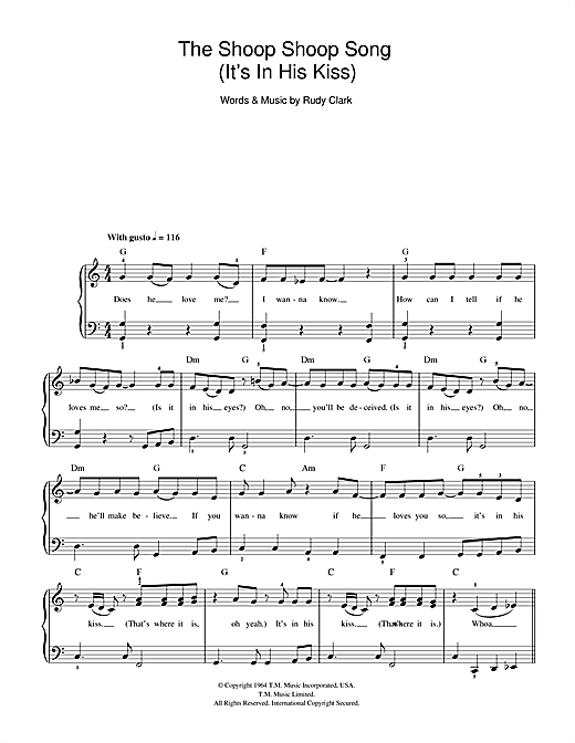 Preview Cher The Shoop Shoop Song (It's In His Kiss) Musicals sheet music, notes and chords for Lyrics & Chords, SKU: 107940 sheet music, piano notes, chords, guitar tabs, score, transpose, transcribe, how to play, guide, download, learn, tutorial, progression, song, artist, awards, billboard, mtv, vh1, tour, single, album, release