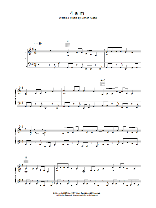 Preview Cherry Ghost 4am Rock sheet music, notes and chords for Piano, Vocal & Guitar, SKU: 38753 Download Cherry Ghost 4am sheet music and printable PDF score & Rock music notes