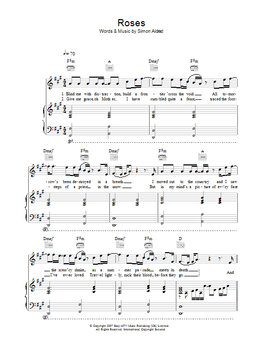 Download Cherry Ghost Roses sheet music and printable PDF score & Rock music notes