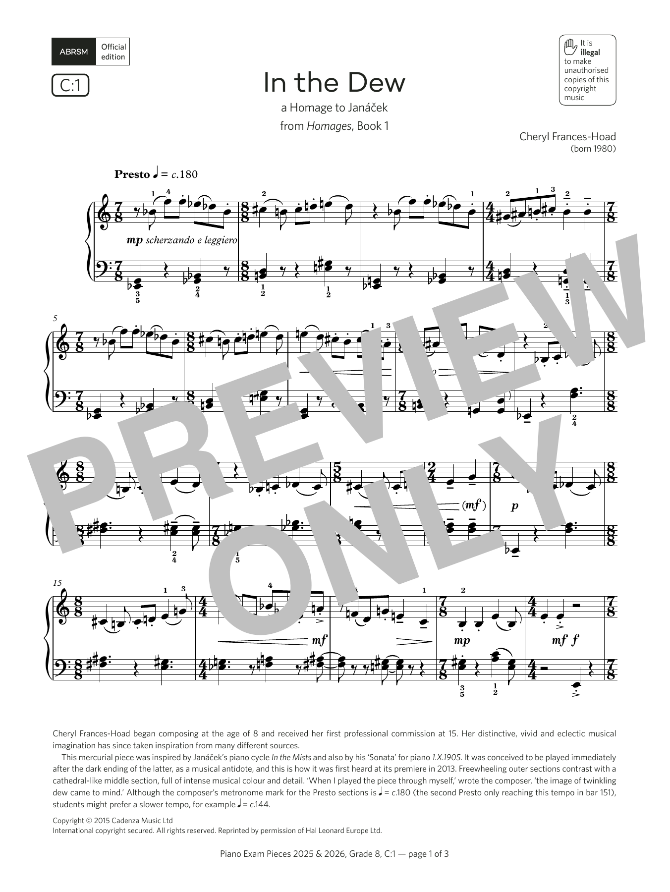 Cheryl Frances-Hoad In the Dew (Grade 8, list C1, from the ABRSM Piano Syllabus 2025 & 2026) Sheet Music & Chords for Piano Solo - Download or Print PDF