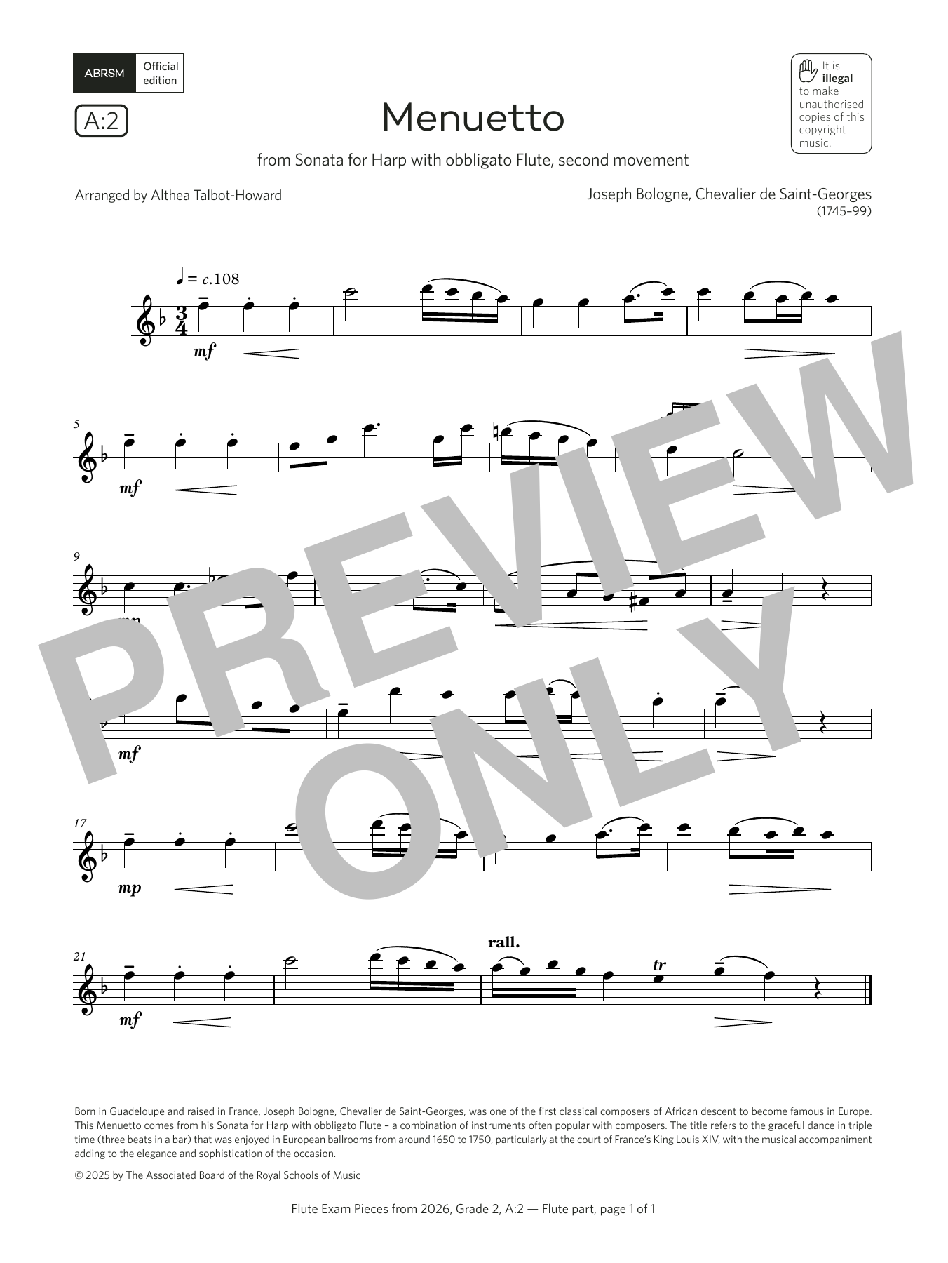 Chevalier de Saint-Georges Menuetto (Grade 2, list A2, from the ABRSM Flute Syllabus from 2026) Sheet Music & Chords for Flute Solo - Download or Print PDF