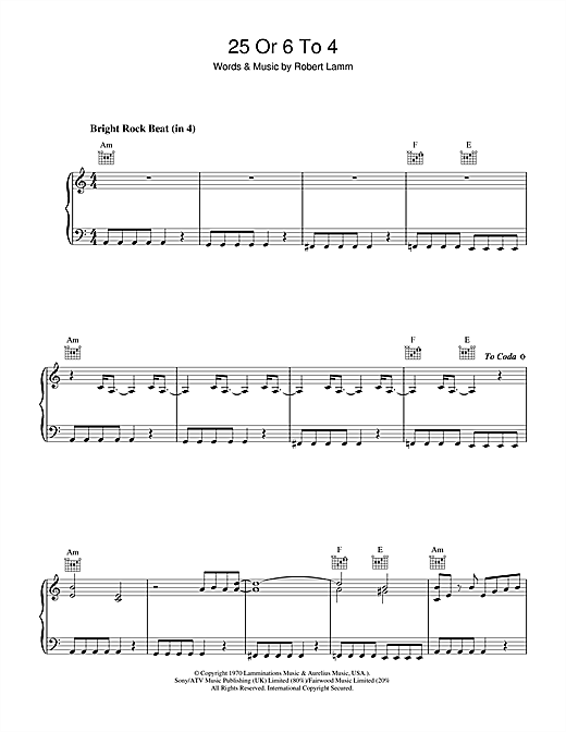 Preview Chicago 25 Or 6 To 4 Rock sheet music, notes and chords for Piano, Vocal & Guitar (Right-Hand Melody), SKU: 51742 sheet music, piano notes, chords, guitar tabs, score, transpose, transcribe, how to play, guide, download, learn, tutorial, progression, song, artist, awards, billboard, mtv, vh1, tour, single, album, release