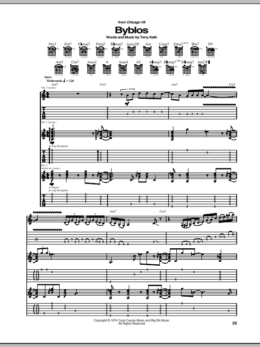 Preview Chicago Byblos Rock sheet music, notes and chords for Guitar Tab, SKU: 69286 Download Chicago Byblos sheet music and printable PDF score & Rock music notes