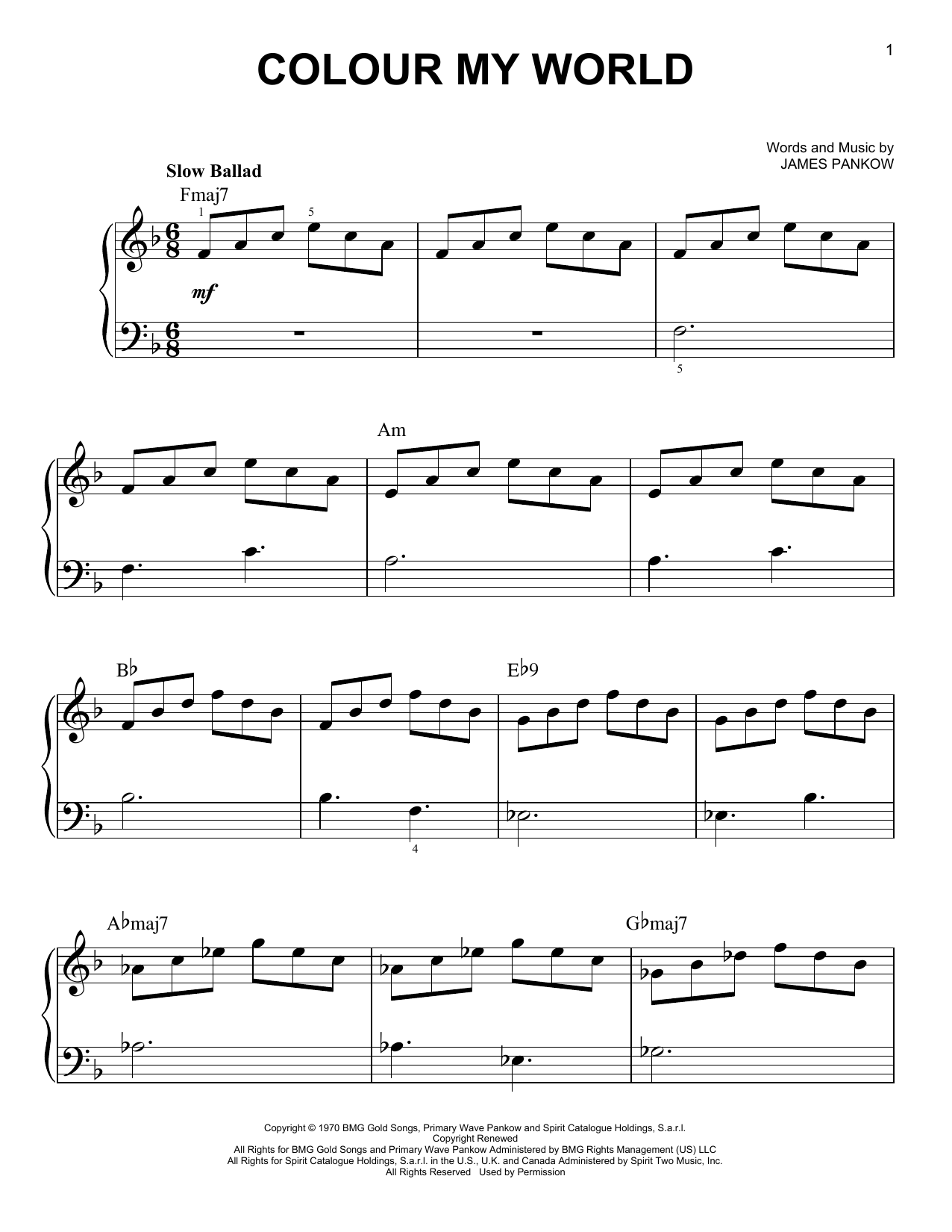 Preview Chicago Colour My World Rock sheet music, notes and chords for Piano, Vocal & Guitar (Right-Hand Melody), SKU: 51754 Download Chicago Colour My World sheet music and printable PDF score & Rock music notes