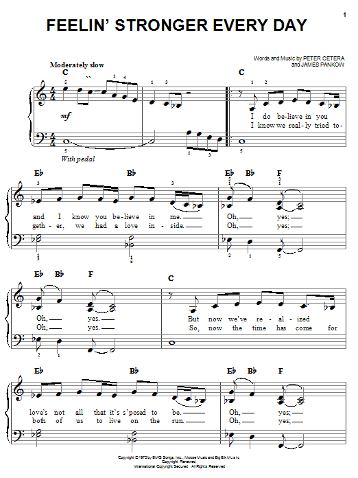 Preview Chicago Feelin' Stronger Every Day Rock sheet music, notes and chords for Piano, Vocal & Guitar (Right-Hand Melody), SKU: 51751 sheet music, piano notes, chords, guitar tabs, score, transpose, transcribe, how to play, guide, download, learn, tutorial, progression, song, artist, awards, billboard, mtv, vh1, tour, single, album, release
