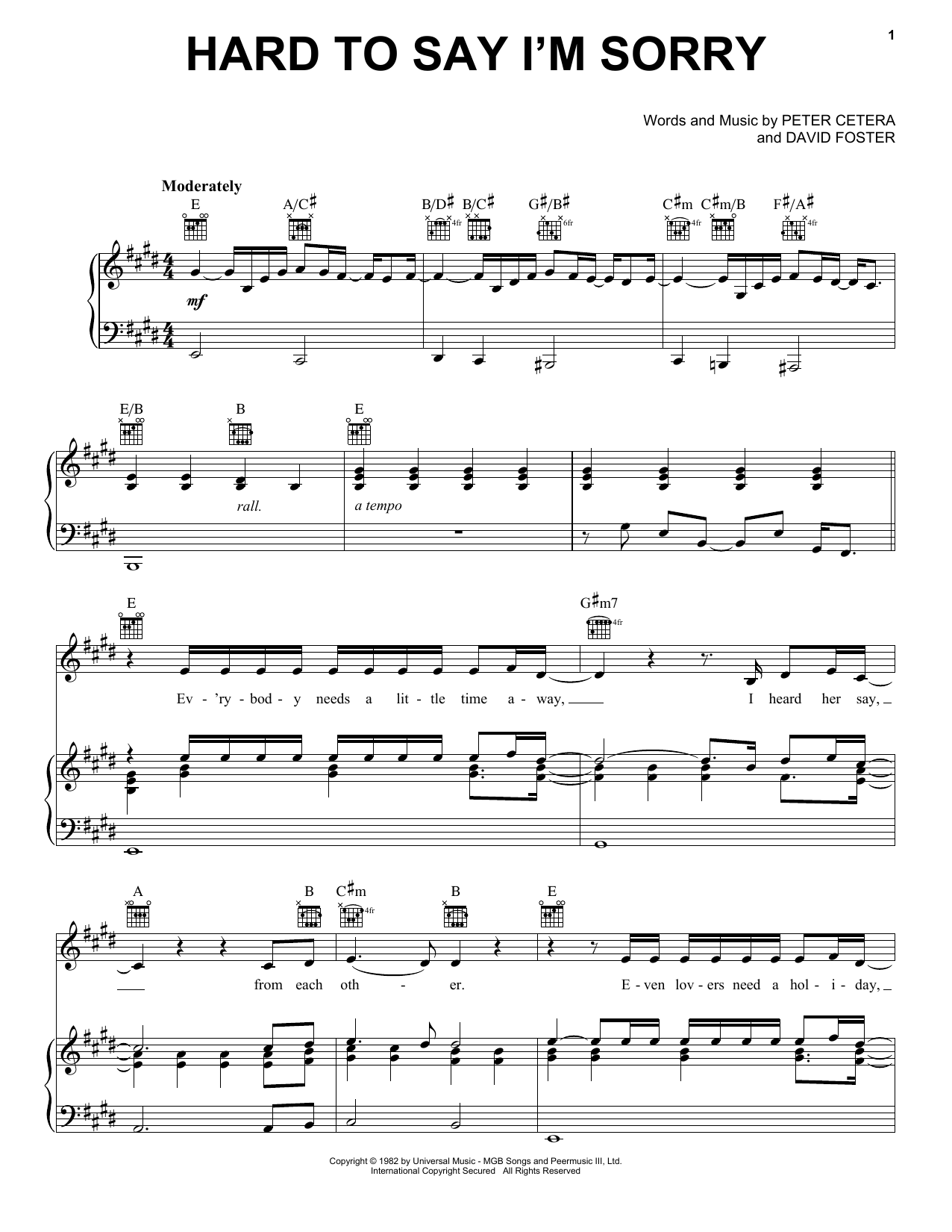 Download Chicago Hard To Say I'm Sorry sheet music and printable PDF score & Rock music notes