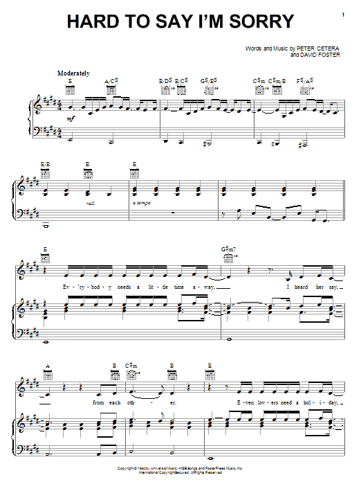 Chicago Hard To Say I M Sorry Sheet Music Notes Printable Pop Score Vocal Pro Piano Guitar Pdf Download 406516