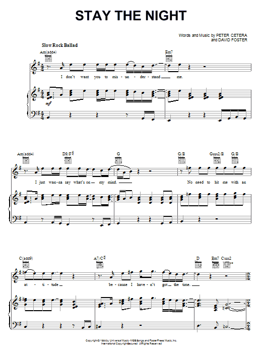 Preview Chicago Stay The Night Pop sheet music, notes and chords for Easy Piano, SKU: 25420 Download Chicago Stay The Night sheet music and printable PDF score & Pop music notes