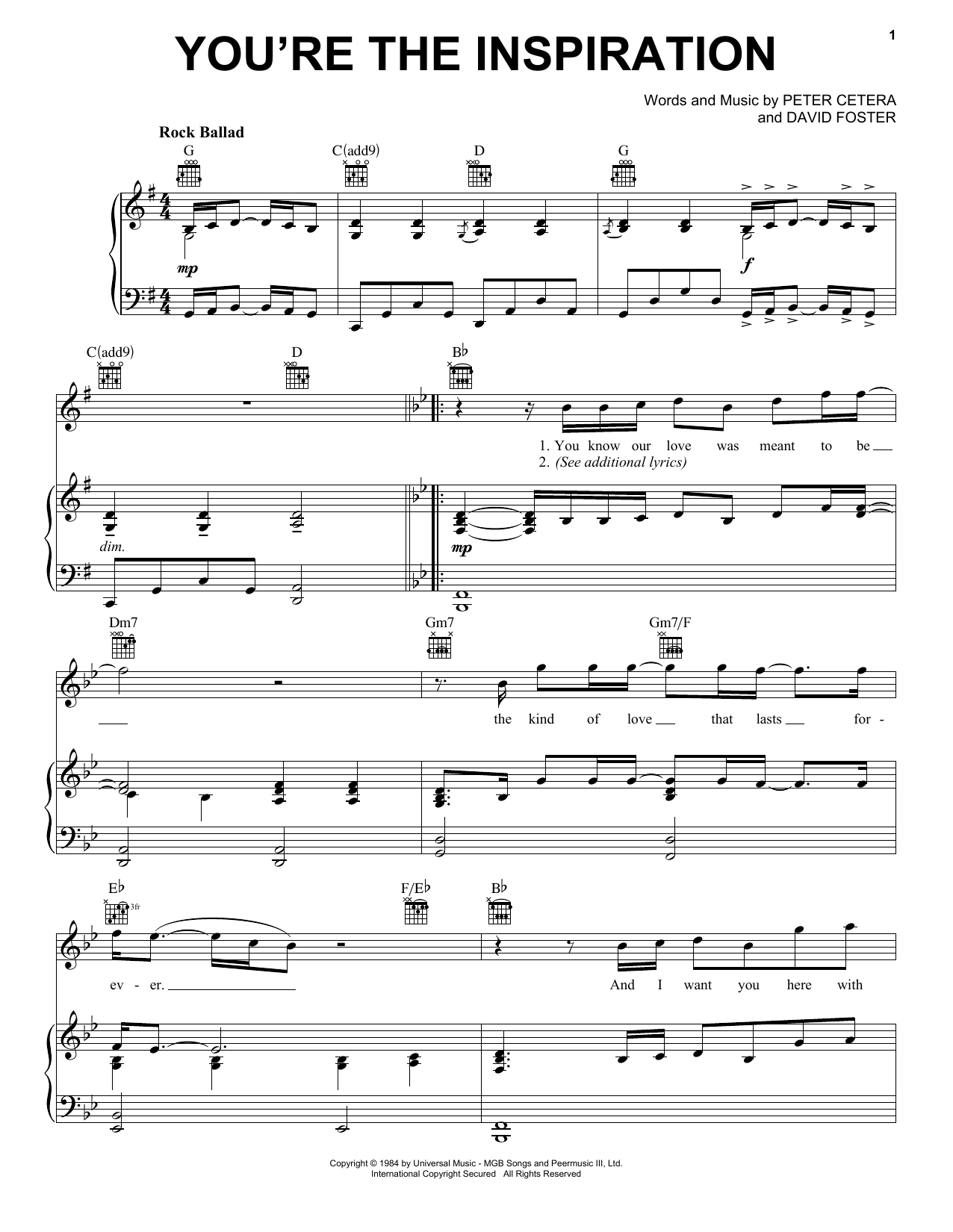 Preview Chicago You're The Inspiration Pop sheet music, notes and chords for Easy Piano, SKU: 82761 Download Chicago You're The Inspiration sheet music and printable PDF score & Pop music notes
