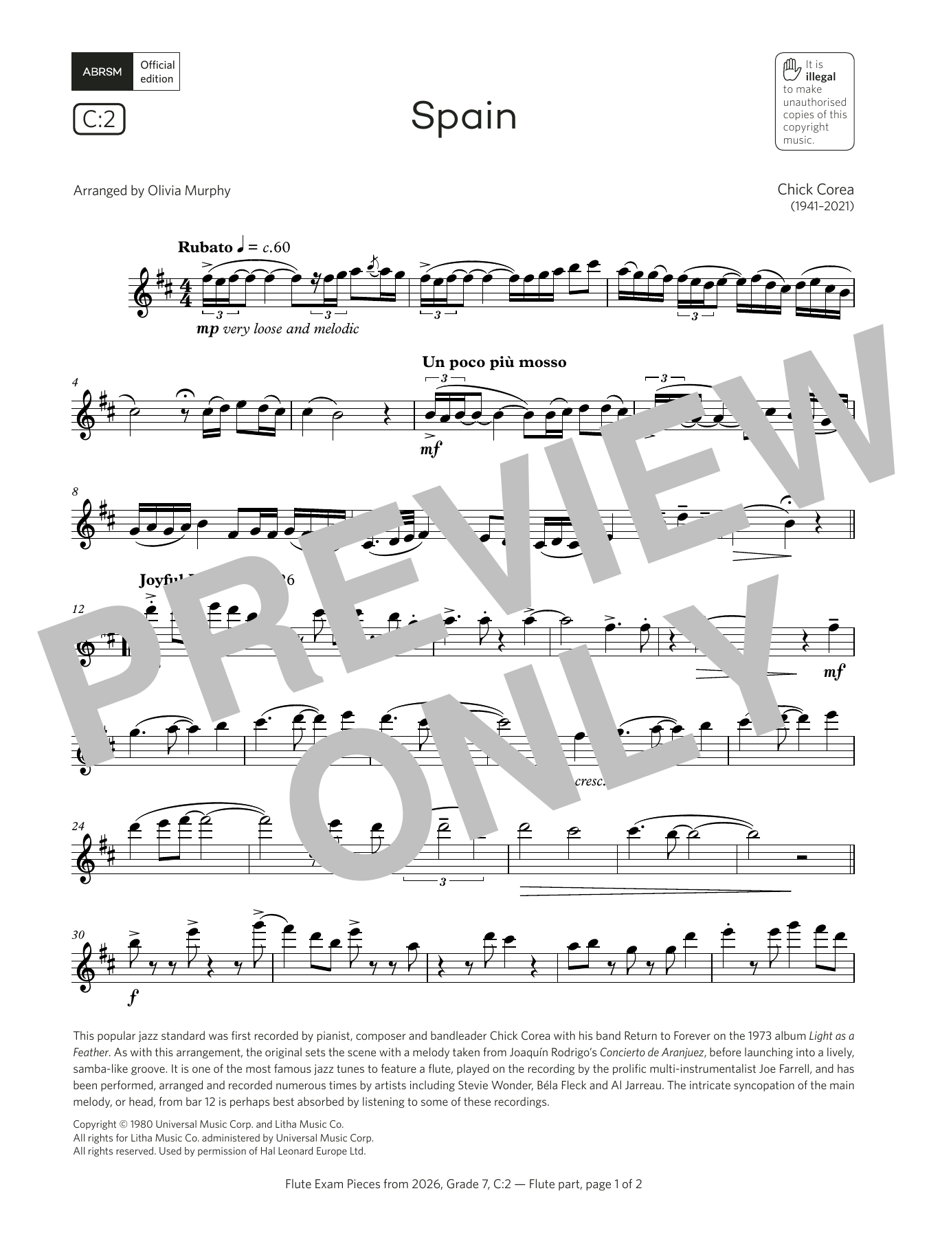 Chick Corea Spain (Grade 7, list C2, from the ABRSM Flute Syllabus from 2026) Sheet Music & Chords for Flute Solo - Download or Print PDF