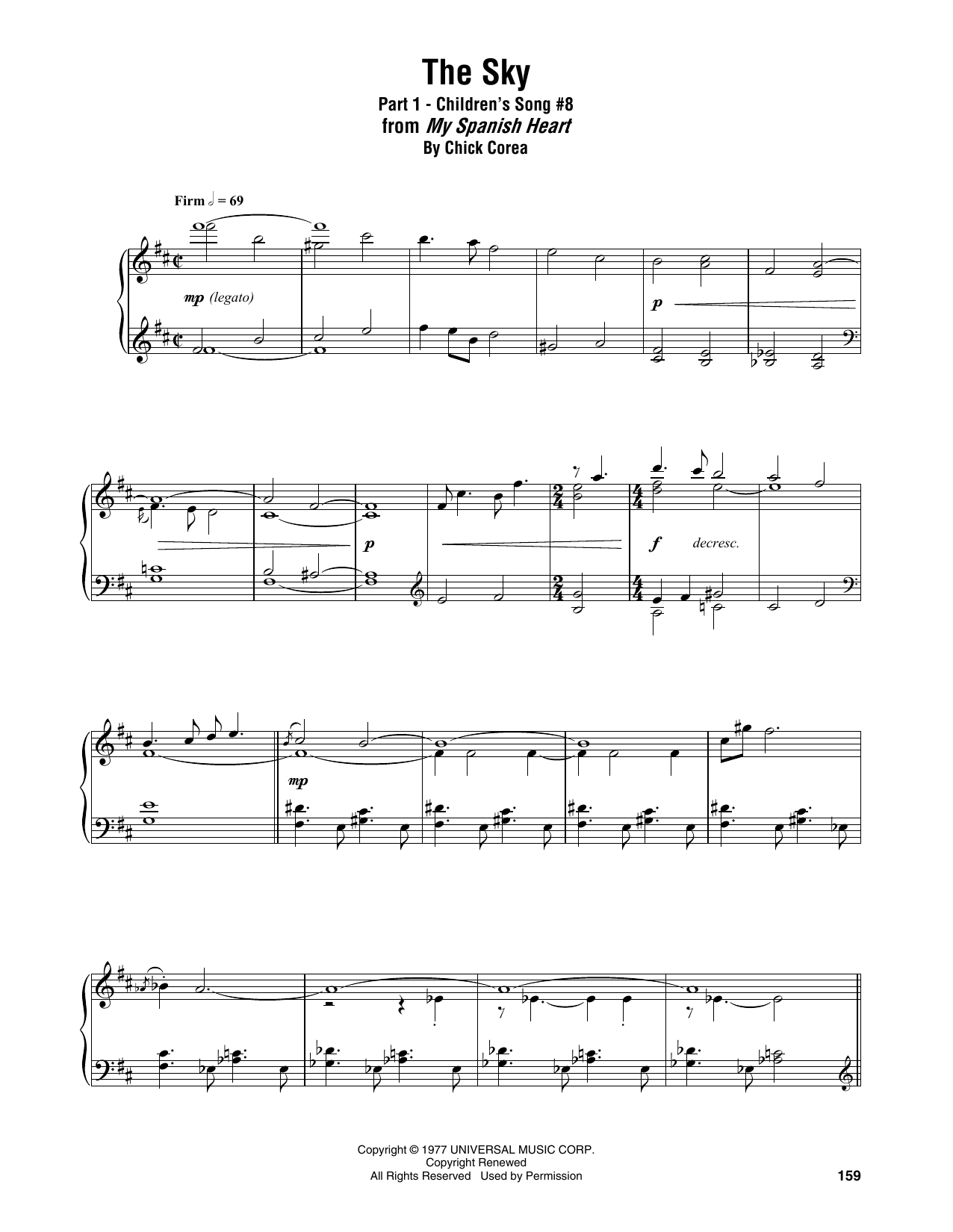 Chick Corea The Sky (Part 1 - Children's Song #8) Sheet Music & Chords for Piano Transcription - Download or Print PDF