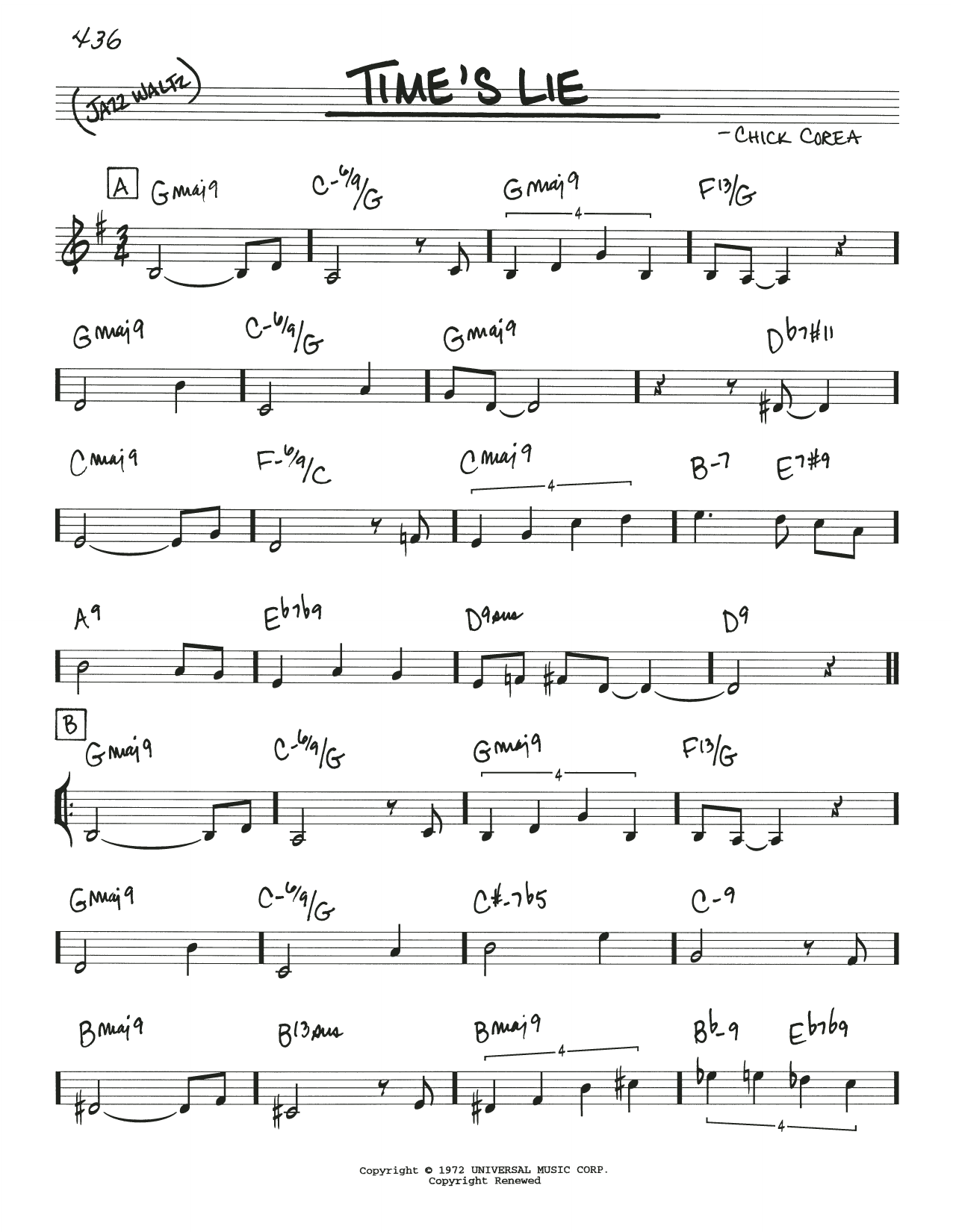 Download Chick Corea Time's Lie sheet music and printable PDF score & Jazz music notes